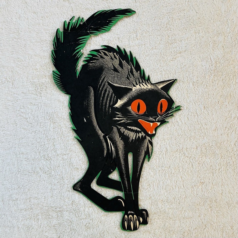 Vintage 1940s Beistle Halloween Black Cat Die Cut Embossed Cardboard USA